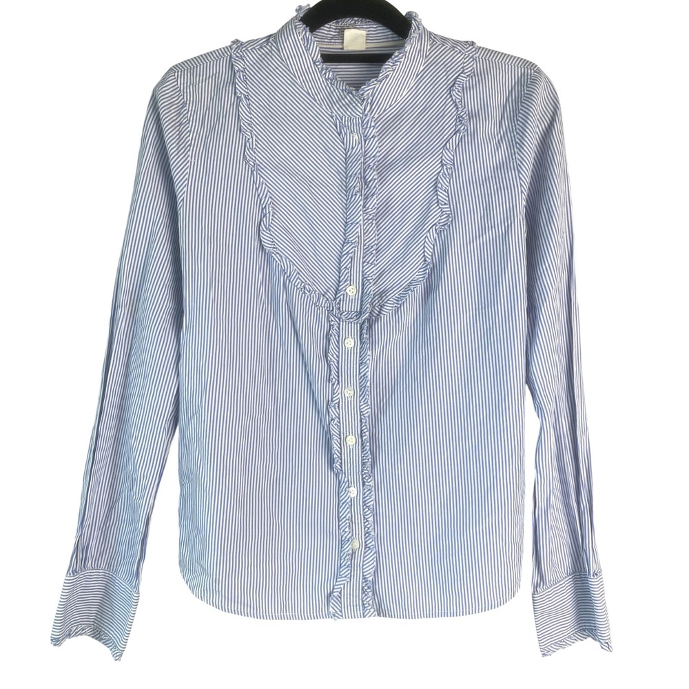 J Crew Womens Striped Ruffle Front Button Up Shirt 4 Blue White Old Money Preppy